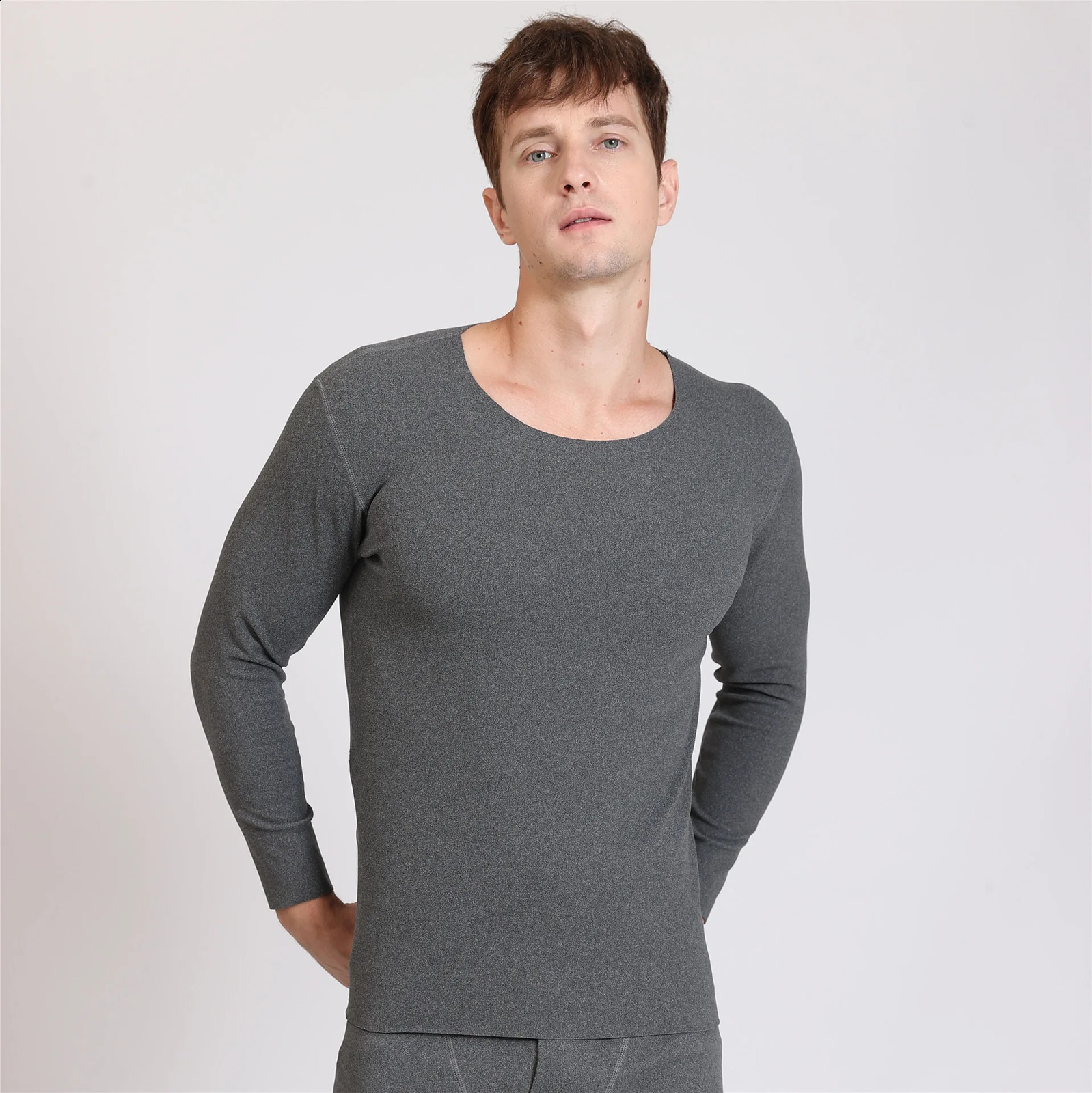 1pcs Autumn Winter Seamless Mens Long-sleeved Thermal Underwear Man Plus Size Round Neck Thin velvet Autumn clothes Tops XL-7XL 241105
