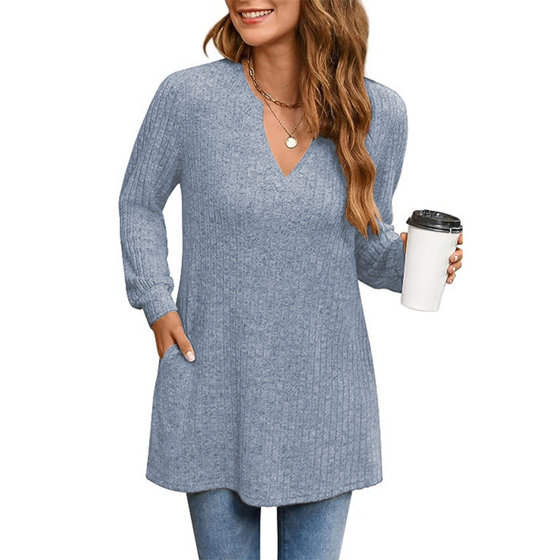 Women's Sweaters Autumn Winte Knitted Shirt Long Sleeved Solid Side Split Loose Top With Pockets Vintage Sweater