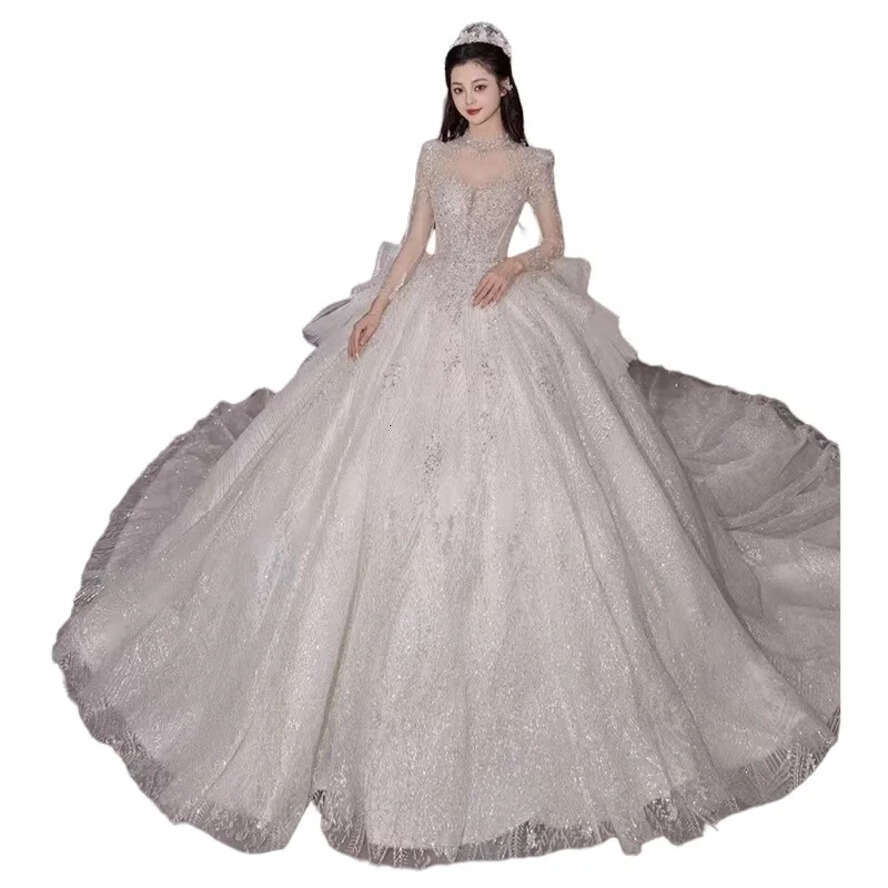 Wedding A E Dresses Shiny Long Sleeve Lace Appl Plus Size Bridal Party Gowns Robe Marriage Court Train Vestidos De Noiva Formal Bride Wed Dress