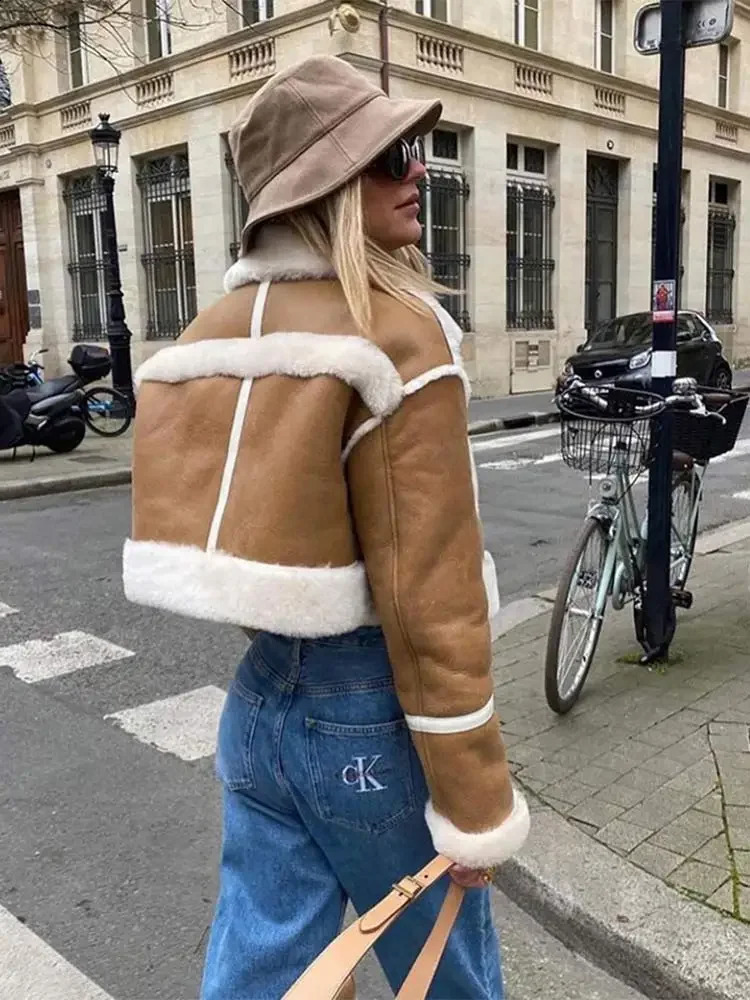 Fashion Lamb Wool Patchwork Fur One-piece Coat Women Casual Lapel Long Sleeves Thickened Jacket 2024 Lady Warm Outerwear 241119
