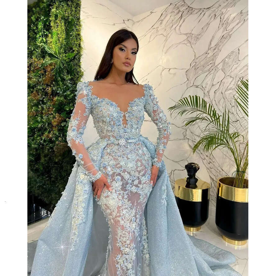 Appliques Lace D Wers Mermaid Evening With Detachable Train Long Sleeves Prom Dress Party Gowns Formal Dresses For Women