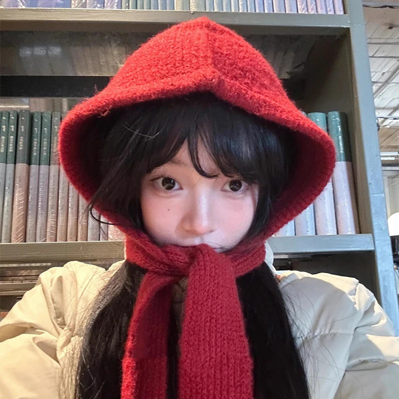 Korean Knitted Beanies Cap Autumn Winter Warm Lady Cute Pleasant Balaclava Bonnet Fashionable Versatile Strap Hooded Hat 241105