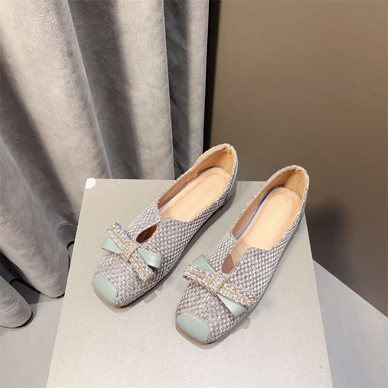 Korean Spring And Summer New Women's Scoop Large Butterfly Knot Weaving Fabric Versatile Square Head Shallow Mouth Flat Bottom Single Shoes