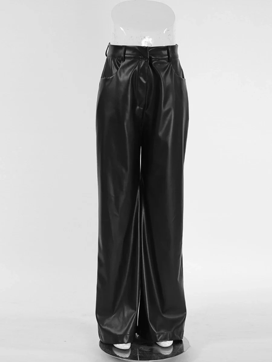 Wolfeel Autumn New Black Retro Matte PU Leather Women's Stylish High Waisted Trousers Office Lady Versatile Long Pants