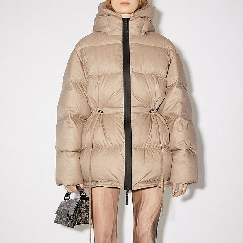 Winter Women Padded Thickened Coat Fashion Classic Drawstring Waist Loose Hooded Windproof Warm Duck Down Jacket Outerwear