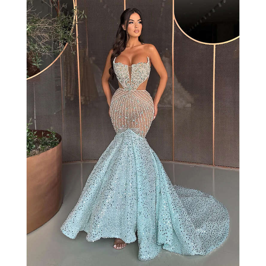 Mermaid Elegant Evening Sequins Beads Crystal Formal Party Prom Dress Red Carpet Long Dresses For Special Ocn