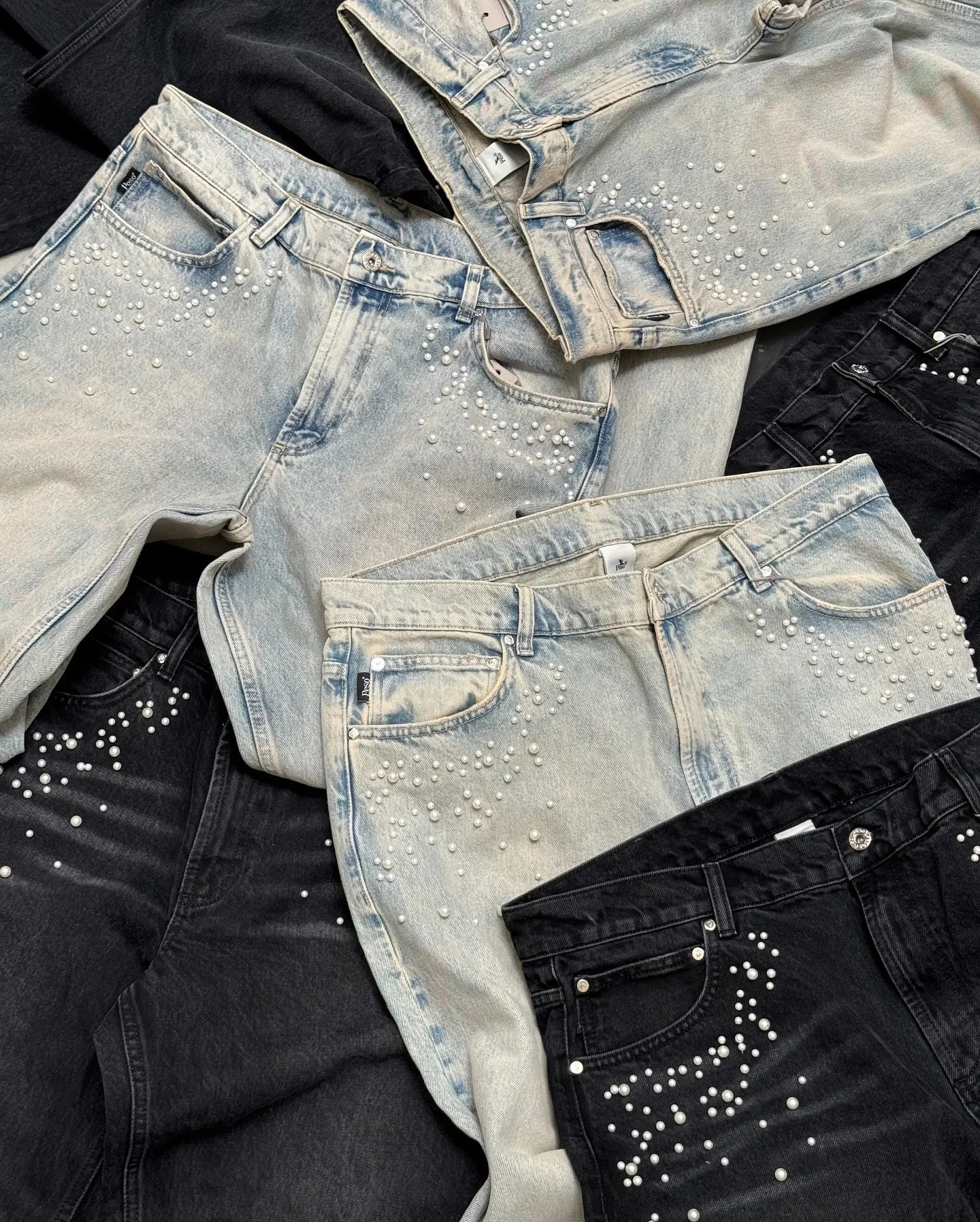 Y2K Men Women Straight Leg Wide Pants Retro Pearl Jewelry Embroidery Baggy Jeans High Street Washed Blue Denim Trousers 241105