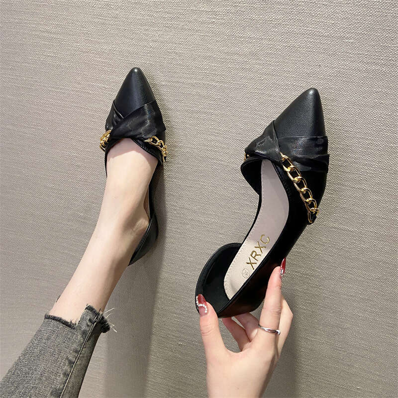 Spring Summer New Shallow Mouth Pointed Flat Bottom Side Empty Soft Leather Scoop Fairy Style Gentle Temperament Paired With Skirts And Single Shoes