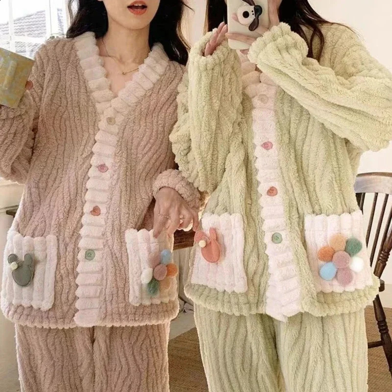 Thickened Warm Flannel Women Sleepwear Loungewear Cardigan Suit Winter Sweet Kawaii Soft Fairy Wind Ladies Pajamas Homewear 241105