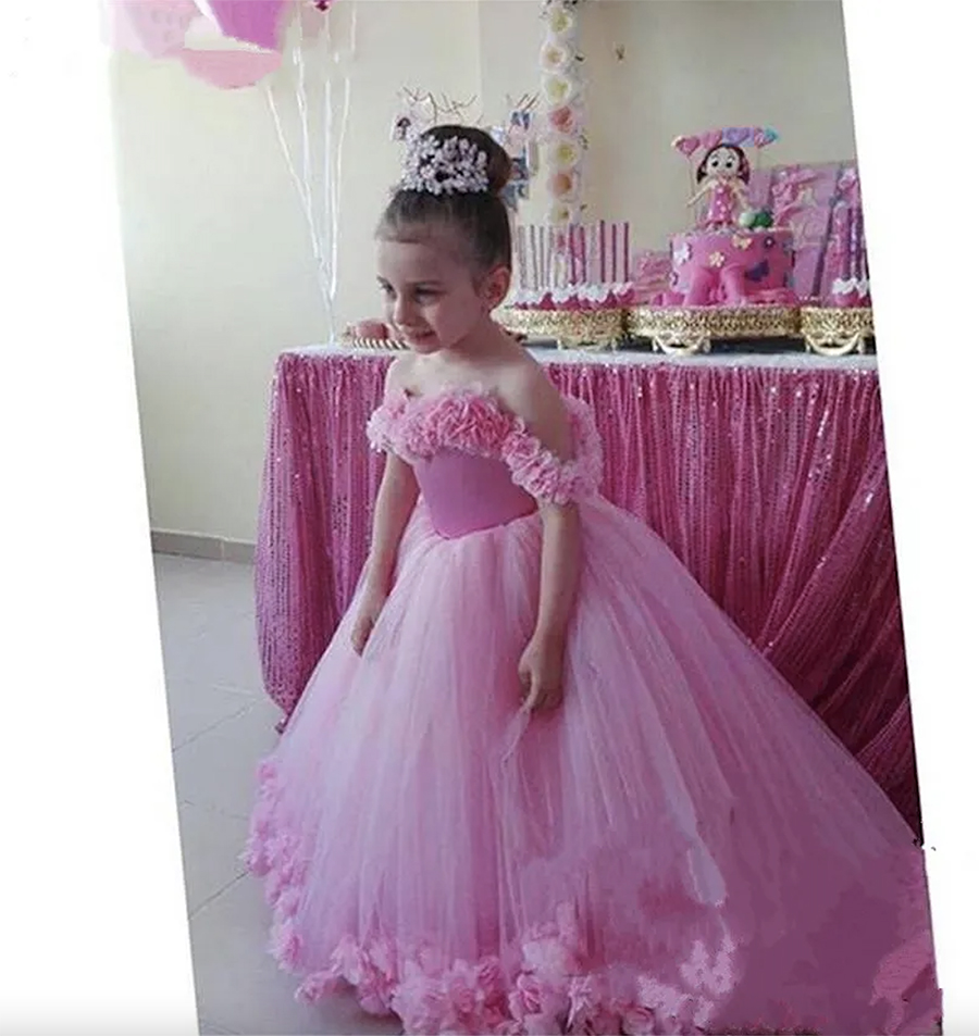 D Floral Pink Ball Gown Flower Girls Dresses Off Shoulder Puffy Toddler Pageant Dress Wedding Little Baby Gowns for Communion Resses Ress S resses res