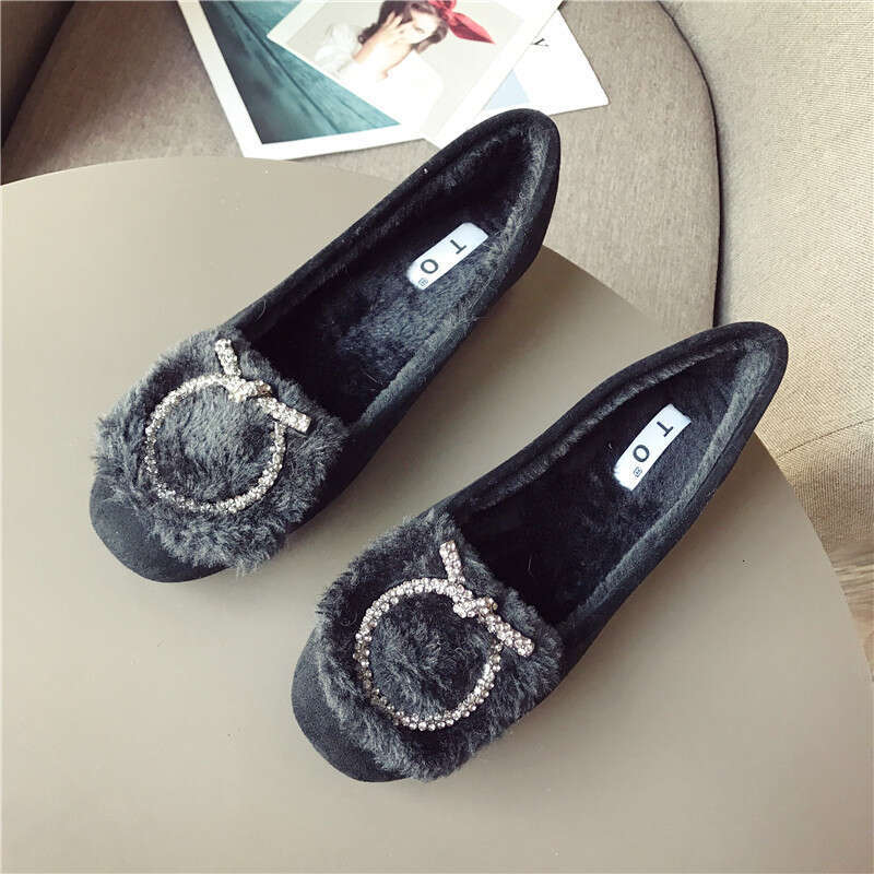 2023 Autumn Winter Versatile Shallow Mouth Velvet Sole Single For Women, Hairy With Flat Heels And Bean Shoes, Women's Cotton Scoop Shoes