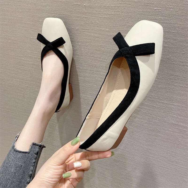Korean Women's Shoes 2023 Summer New Fashion Square Toe Soft Sole 2Cm Low Heel Sweet Bow Single Shoe