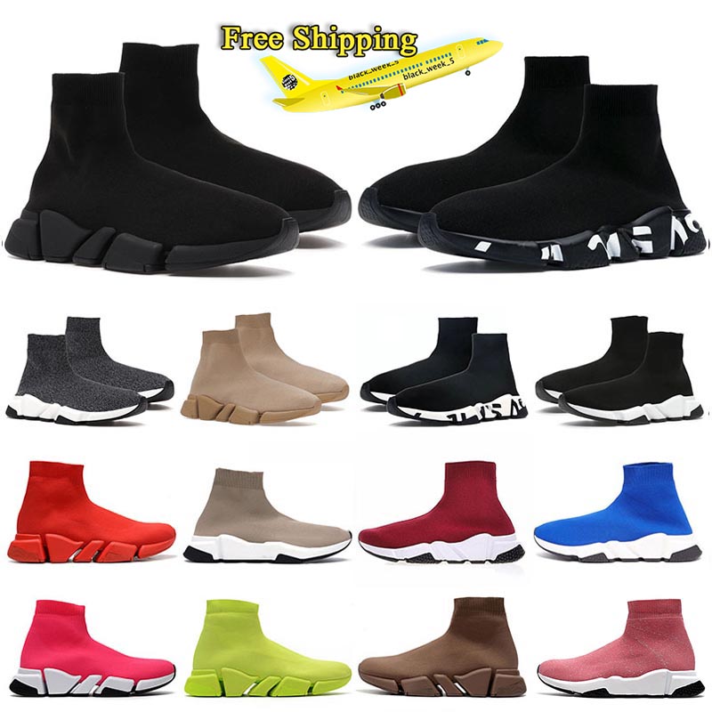 Free shipping mens sock shoe designer men women Graffiti White Black Beige Clear Sole Neon Yellow slip on socks speed runner trainers flat platfo
