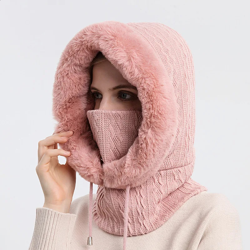 Women Beanie Hat Winter Balaclava Knitted Cap Hooded Face Mask Fluff Keep Warm Neck Scarf Bonnet 241105