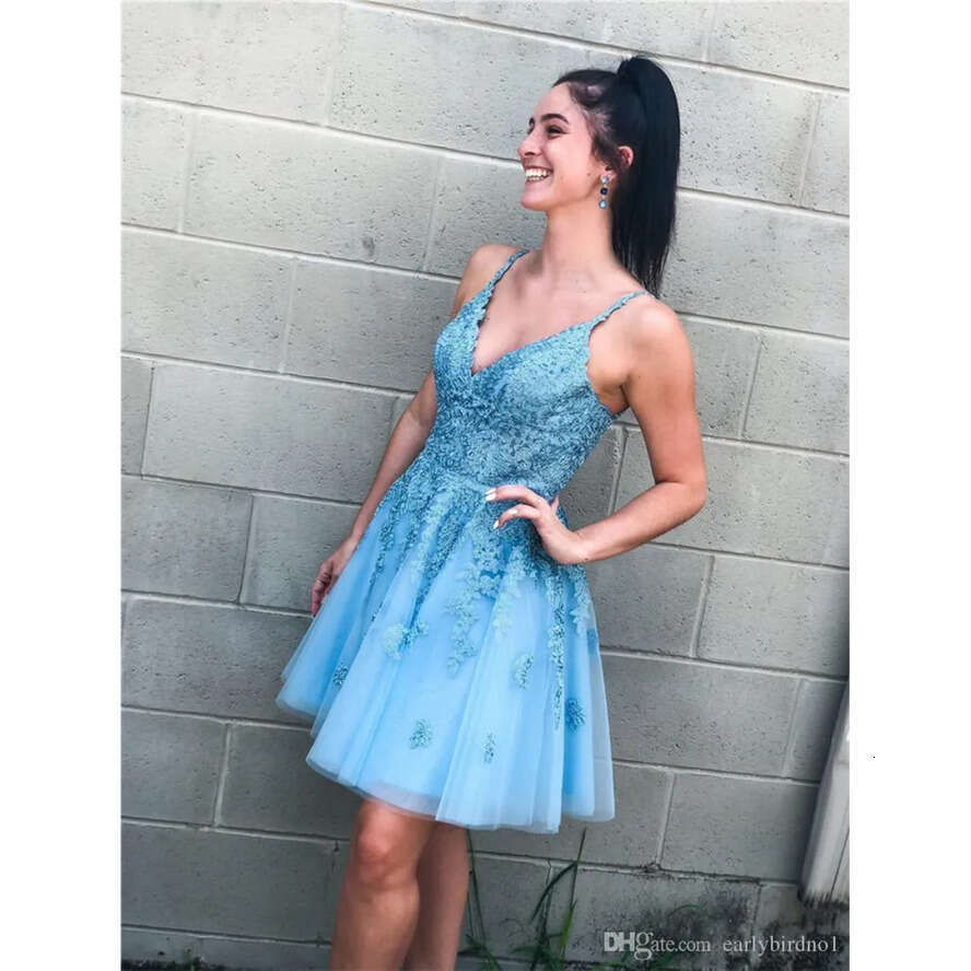 A E Blue V Neck Homecoming Lace Sleeves Mini Sweet Atil Party Dresses Formal Short Prom Dress Backless