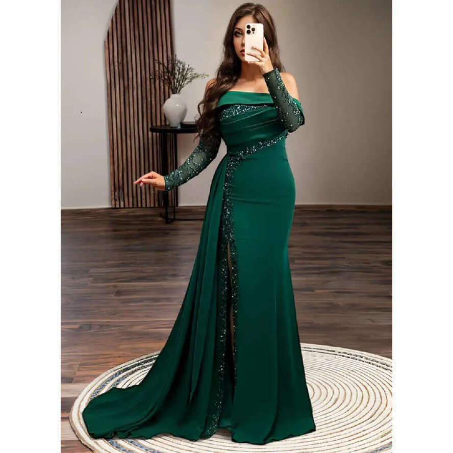 Satin Green Elegant Mermaid Dresses Strapless Sequins Sleeves Side Split Evening Dress Or Length Formal Prom Gowns