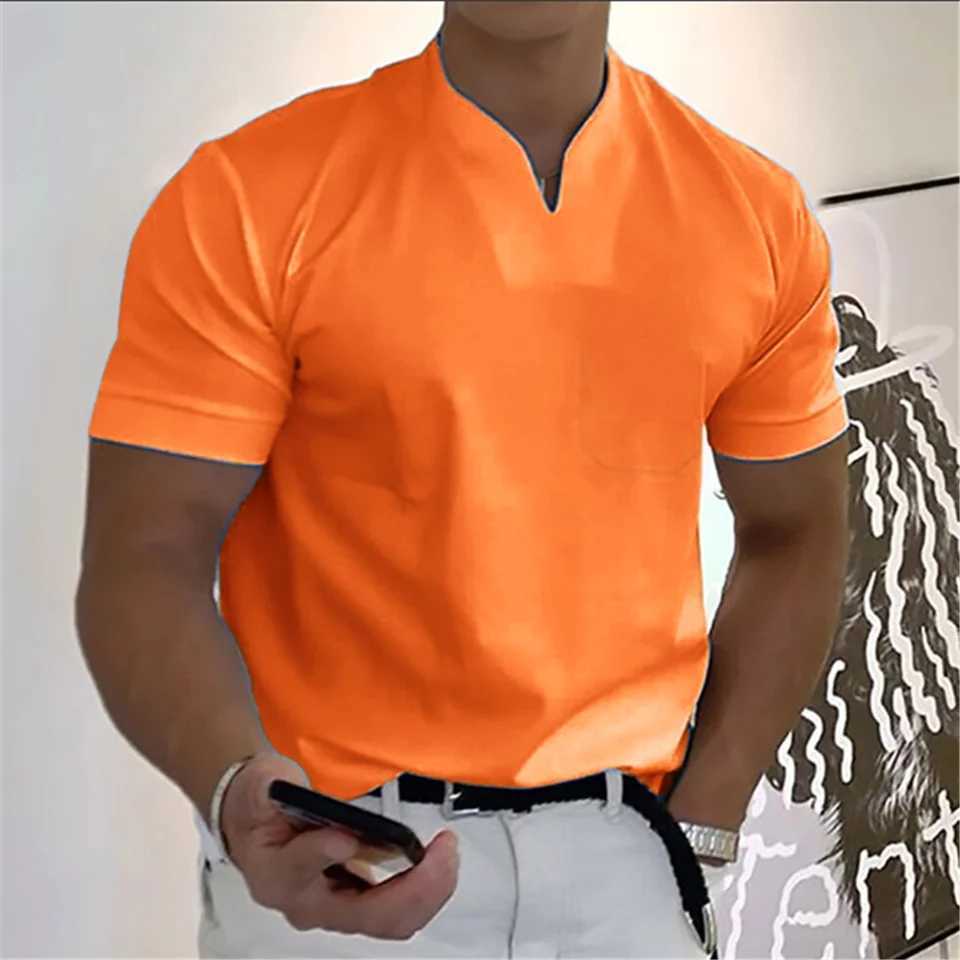 Summer solid color V-neck buttonless collarless mens short sleeved pocket fashionable casual sports mens shirt W241104