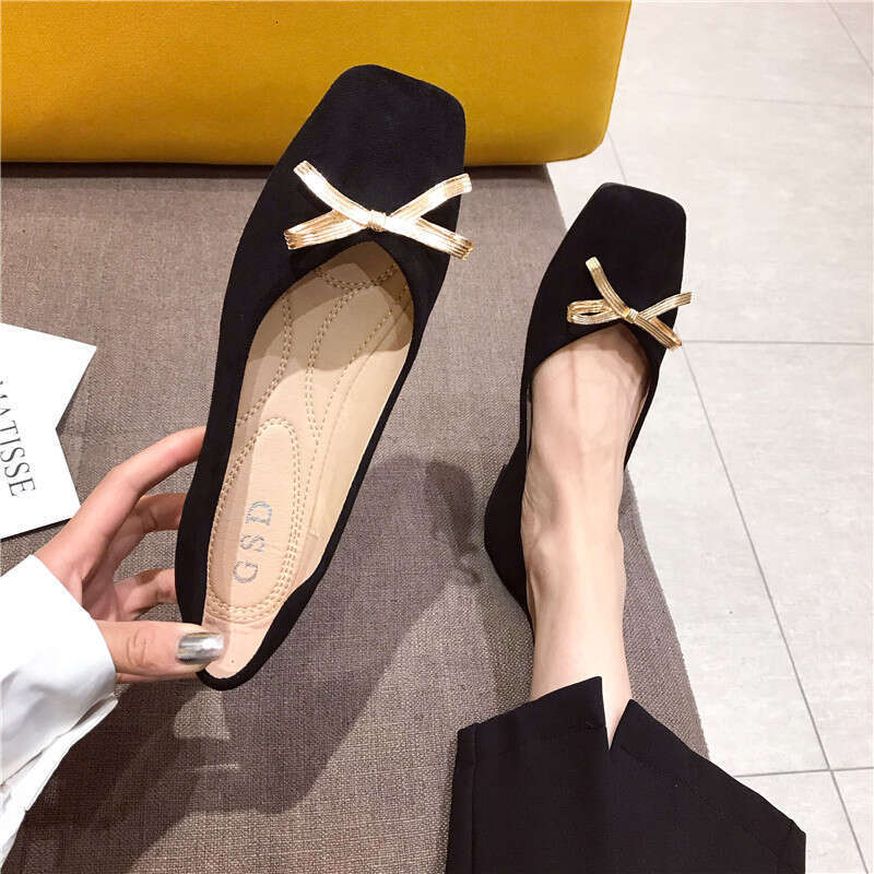 2023 Korean Edition New Solid Color Versatile Daily Red Toast Dress Heel Suede Square Head Shallow Mouth Soft Bottom Flat Shoes
