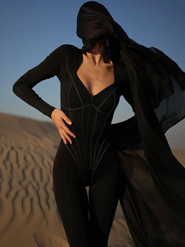 GACVGA striped long sleeved elastic tight sexy womens jumpsuit autumn zipper fashionable fitness sports jumpsuit 241031