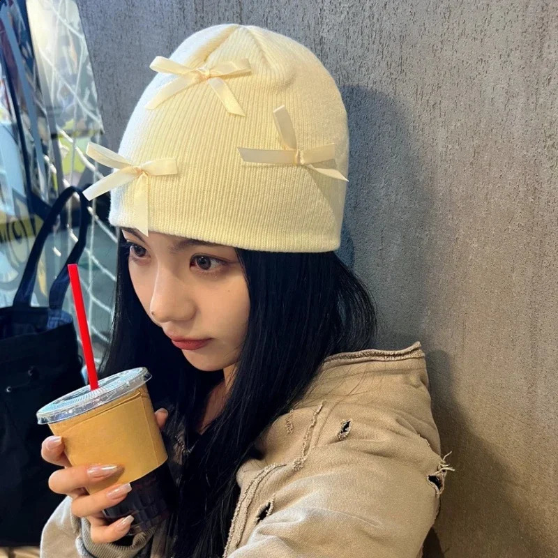 Korean Winter Bow Knitted Hat Ins Style Cute Y2K Girls Autumn and Personalized Fashion Warm Ear Protection 241105