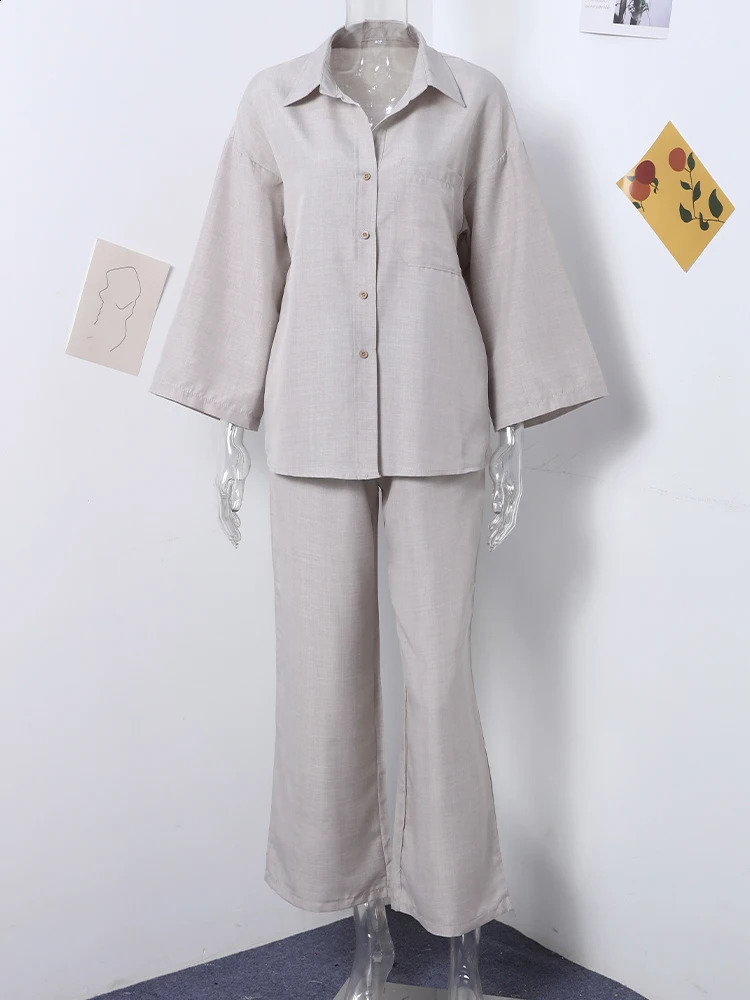 Cotton Linen Shirt Trouser Suit Women Loose Single Breasted Long Sleeve Top Wide Leg Pants Female Suit 2024 Summer 2 Piece Set 241105