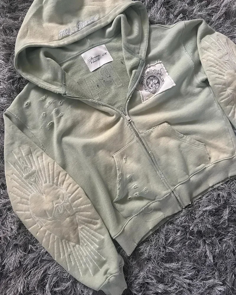 2024 Gothic Retro Trend Washing Embroidery Oversize Zipper Hoodies Mens And Womens Y2K Punk Hip-Hop Casual Tops Streetwear 241105