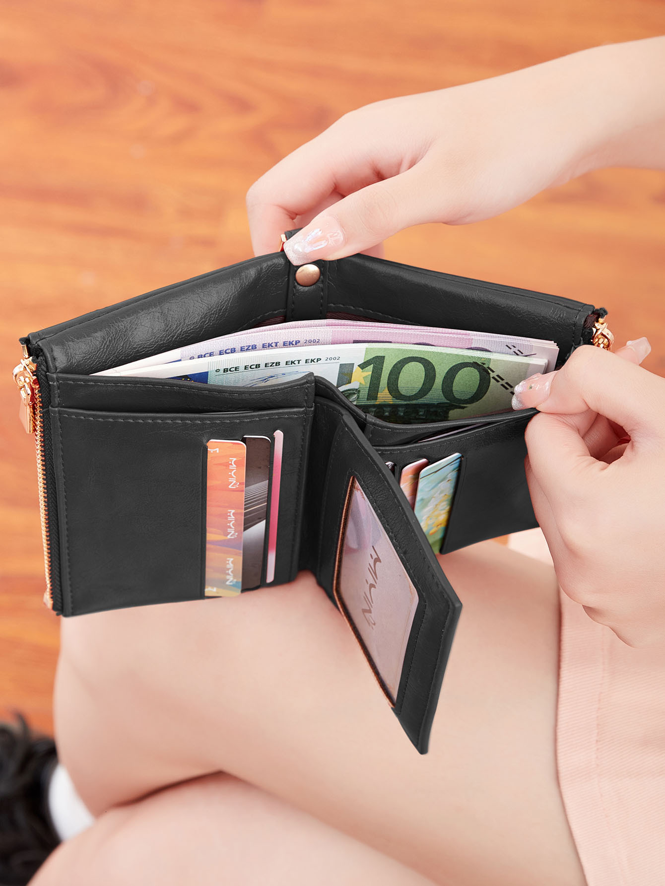 Classic And Fashionable Women's Double Zipper Shorts With Detachable Small Clip, Multifunctional Designer Triple Fold Wallet