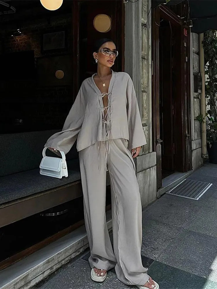 Women Cotton Line Pants Set Long Sleeve Lace Up Hollow Out V-neck Tops Wide Leg Trousers Suit 2024 Casual Lady Loose Outfits 241105