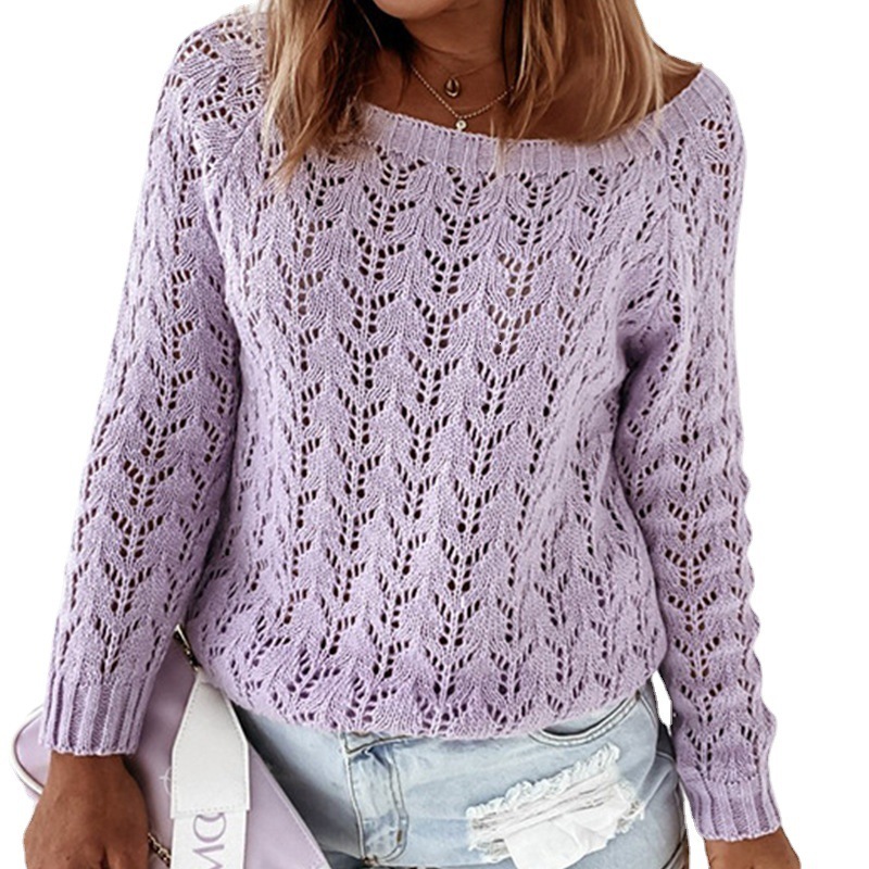 Autumn And Winter New Knitted Solid Color Hook Flower Hollow Out Pullover Round Neck Loose Sweater For Women