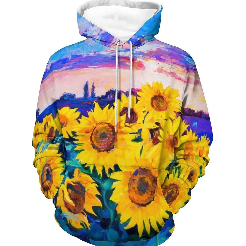 Hoodie for Mens Womens Original Oil Painting Sunflower Hoodies for Men 3D Print Pullover Hooded Drawstring Loose Sweatshirt with Big Pockets Graphic c