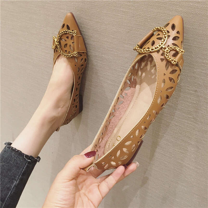 Korean Style Fashionable Versatile Metal Buckle Pointed Shallow Mouth Hollow Flat Bottom Single Order Grandma Breathable Scoop Shoes For Women