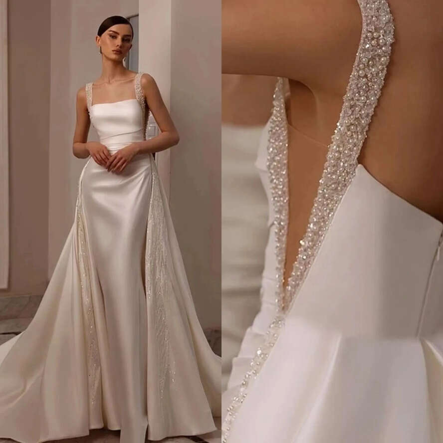 E A Women Elegant Wedding Dress Square Collar Sleeveless Backless Bridal Gown Sequins Pearls Detachable Train Dresses Custom Made Es legant es s