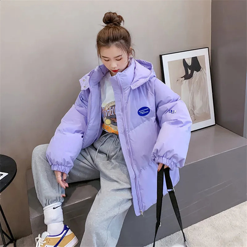 Oversized Fashion Parkas Purple Hooded Jacket Womens Winter 2024 Loose Cotton padded Student Coat Thicken Warm Outerwear Female 241105
