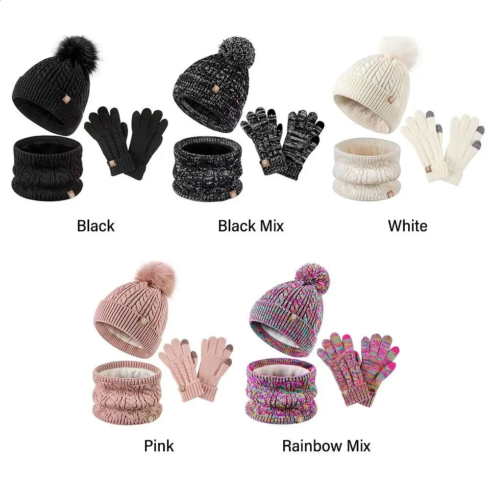Leisure Knitted Childrens Winter Hat Glove Scarf Set Warm Neck Warm Girl Beanie Hat with Pom Cold Weather 241105