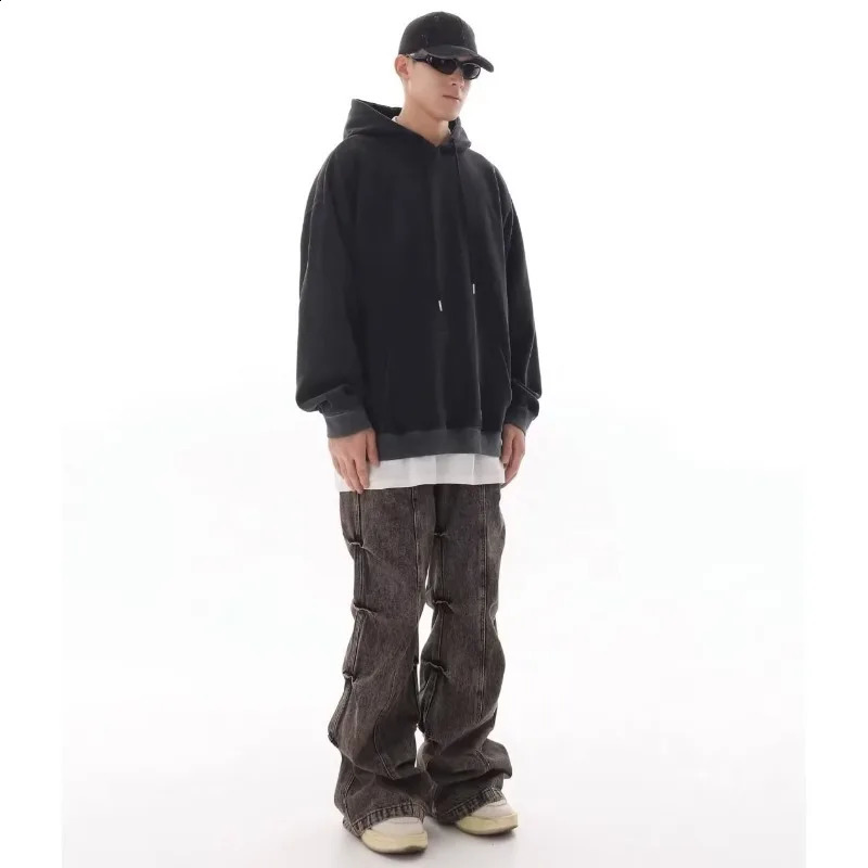 Vintage Pleated n Jeans Men Women Grey Distressed Wide Leg Pants American Style High Street Straight Baggy Korean Trousers 241105