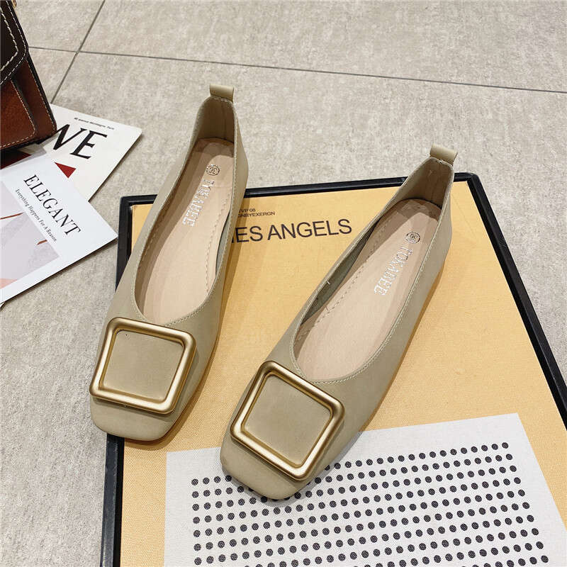 Thick And Low Heeled 2023 Summer New Korean Version Metal Buckle Shallow Mouth Square Toe Women's Soft Sole Evening Single Shoes