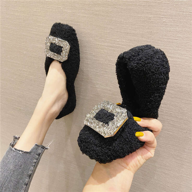 Add Fluffy Fur Women In And Winter, Low Cut Black Flat Heeled Women, One Foot For Autumn Outdoor Wear, Pointed Square Toe Bean Shoes
