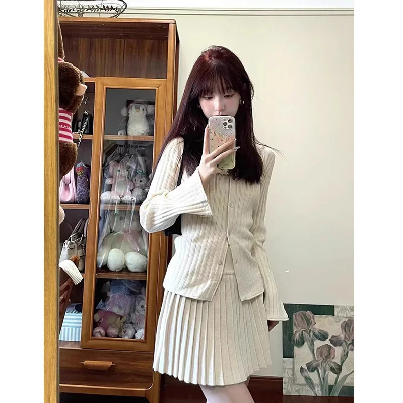 Autumn Women Korean Fashion Girls Sweet Slim Knit Cardigan Y2k Tops Elastic Waist Mini Pleated Skirt 2Pcs Matching Set