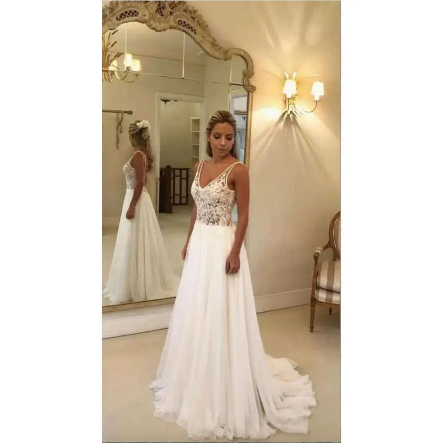 Beach Dresses Lace Appliqued Cheap V Neck A E Sexy Backless Boho Wedding Dress Sweep Train Custom Garden Bridal Gowns