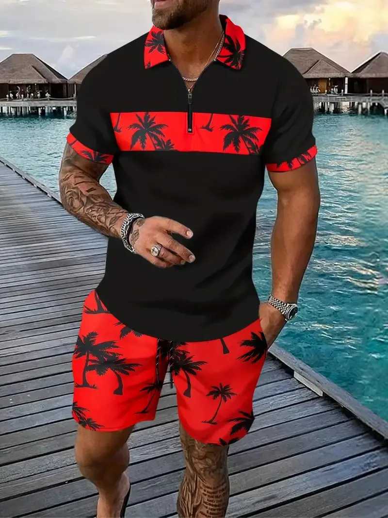 Haiyi 2-piece 3D Coconut Printed Zipper Shirt Short Slip Shirt and Shorts Casual Fashion Zipper Mens 2PCS Sportswear W241104
