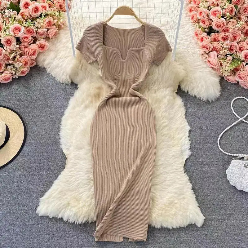 2024 Elegant Square Neck Short Sleeve Slim Fit Knitted Bodycon Dress Long Midi Y2K Vestidos De Fiesta 241105Z