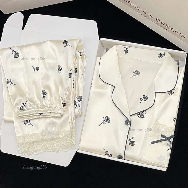 Womens Pajamas Set Spring Autumn 2 Piece Print Rose Pyjama Lace Faux Silk Satin Sleepwear Long Sleeve Pijama Mujer Pjs Homewear 240815