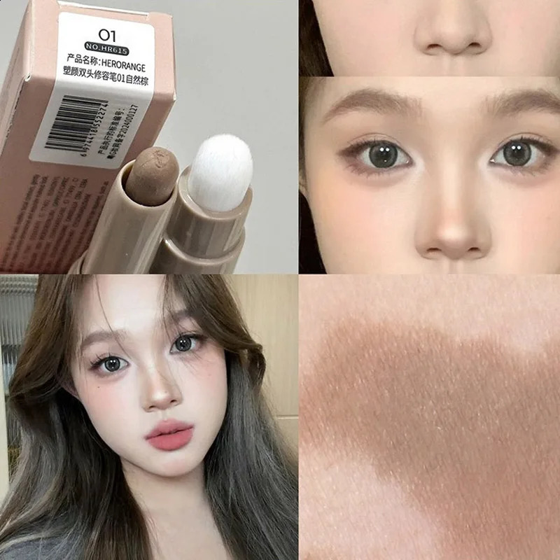 Double Head Contour Stick Bronzer with Brush Face Nose Shadow Cream Contour Pen Waterproof Lasting Contouring Makeup Cosmetics 241105