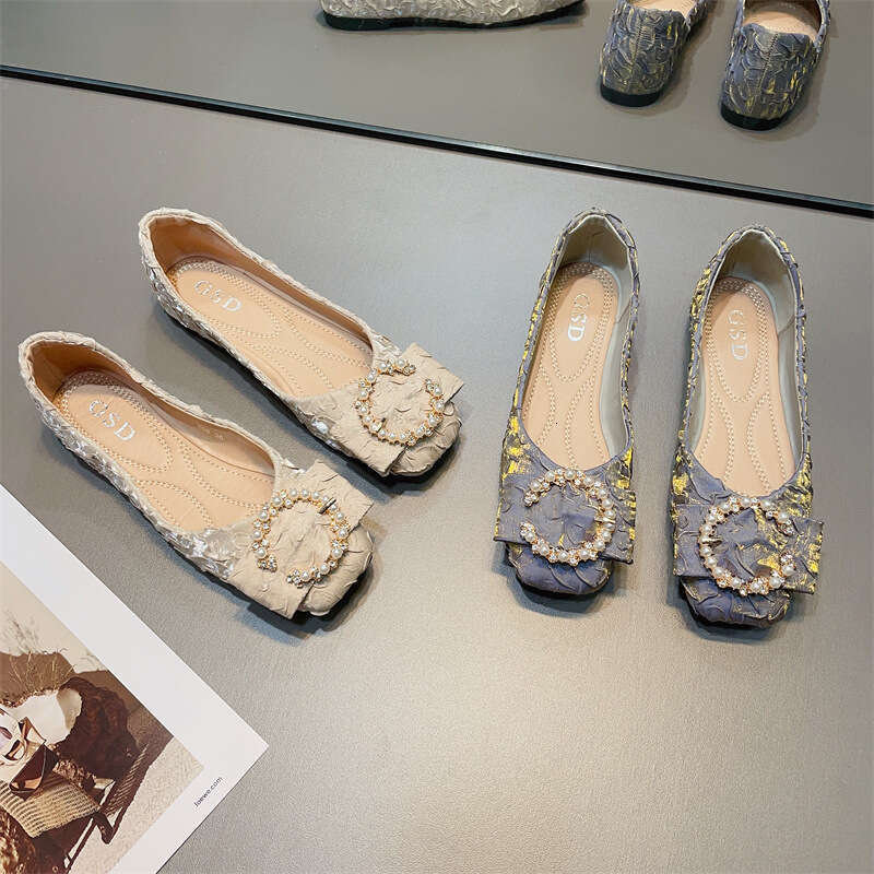 French Gentle Style Shallow Mouth Flat Single For Women, Korean Version, Spring And Summer New Items, Pearl Bow Square Toe Soft Sole Scoop Shoes