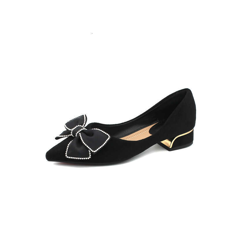 Korean Version 2023 Spring Mid Black Daily Coarse Heel Fashionable Women's Fabric Pointed Shallow Mouth Low Top High Heels