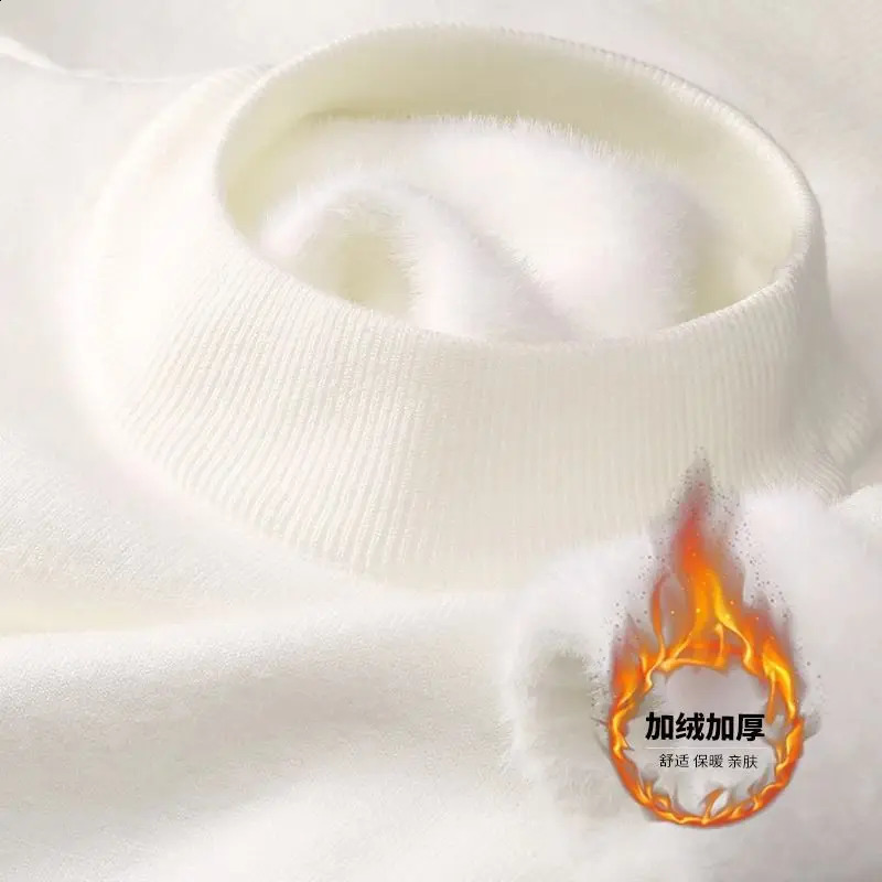 Plush Mens Knitted Sweater Turtleneck with Velvet Padded Warm Solid Pullovers Autumn Winter Thick Bottom Casual O-Neck Sweater 241105