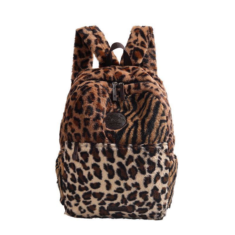 2025S new designer animal leopard print spliced contrasting color plush large capacity versatile travel for male and female students in class backpack