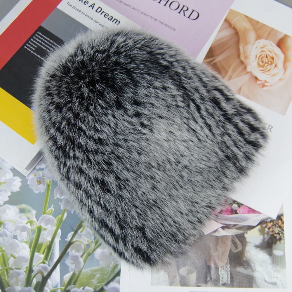 Winter Hat 100% Real Natural Silver Fox Fur Womens Knitted Cap Women Female Ear Warm Must 241105