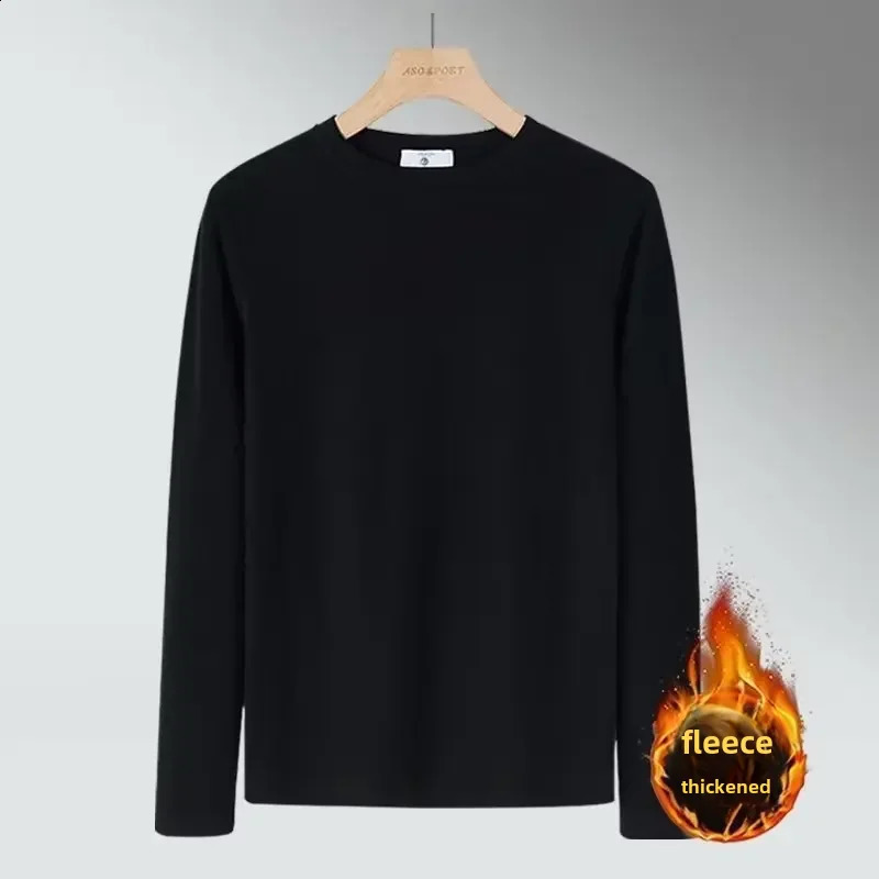 Winter Fleece Mens Long Sleeve Tshirt Trendy Round Neck Solid Color Warm Base Layer Casual Inner Top Wear 241105