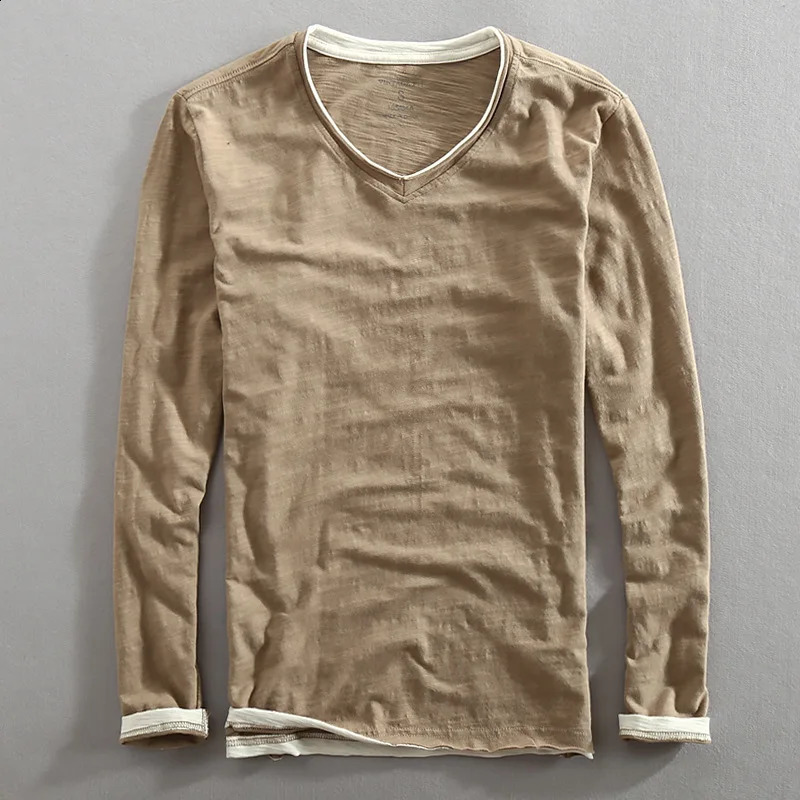 Mens Long Sleeve T-shirt Cotton V-neck Solid Casual Tops Tees for Men Japanese Vintage Frayed Collar and Raw Edges Tshirt 241105